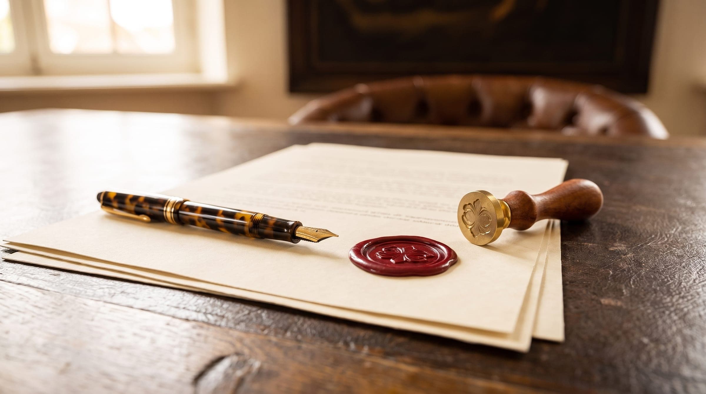 Vulpen en lakzegel op een document op het bureau