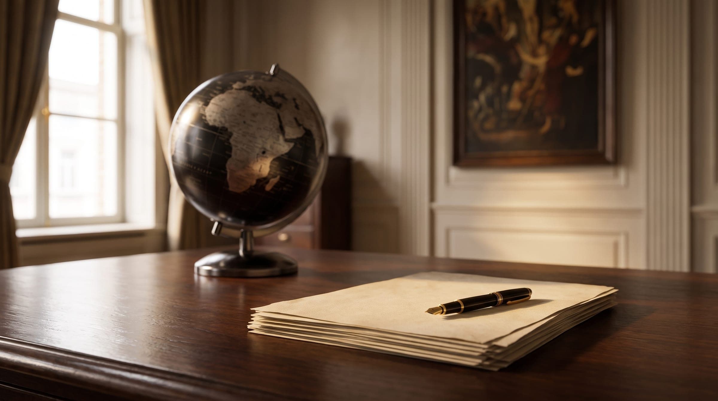 Donkere wereldbol naast een stapel contracten met vulpen