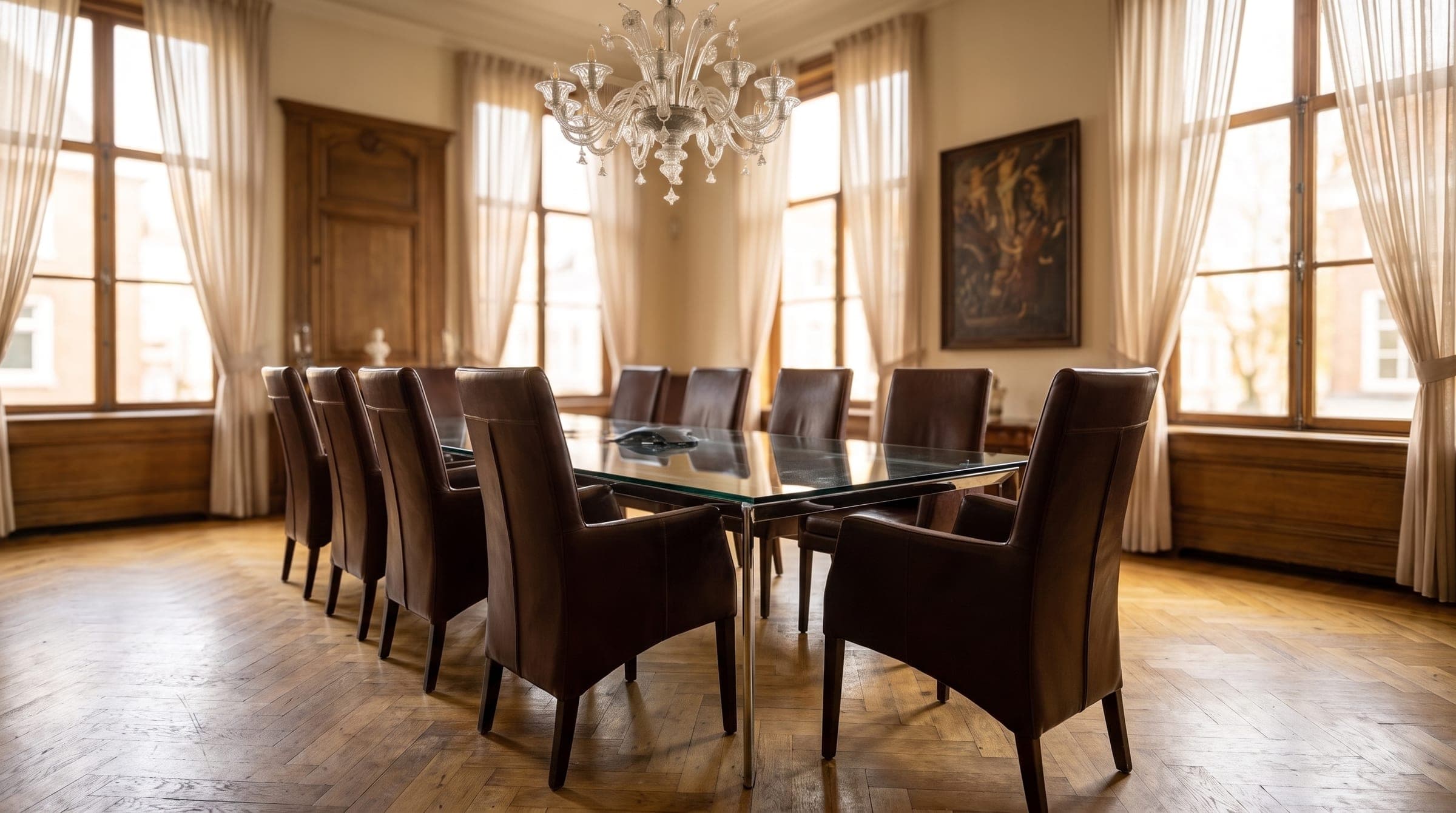 Vergaderzaal met glazen tafel en leren stoelen onder een kroonluchter